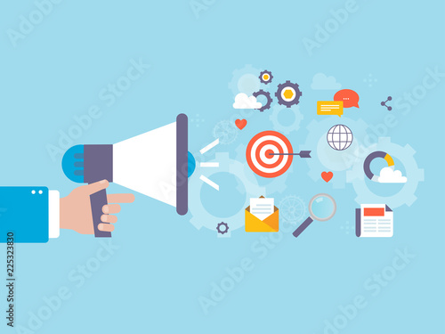 Online marketing campaign, digital content promotion and marketing, internet advertising flat vector illustration. Viral marketing, online ads design for web banners and apps