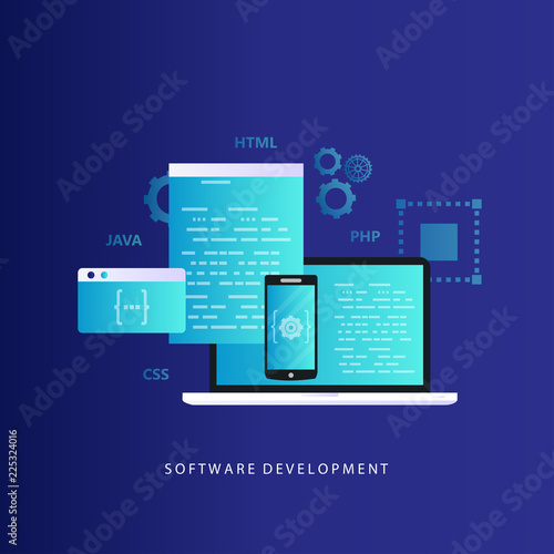 Coding, programming, website and application development vector illustration. Technology concept for software API prototyping and testing. Design for web banners and apps