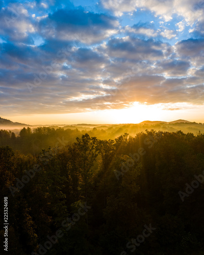 Aerial view of sunrise in foggy morning, forest, view from air