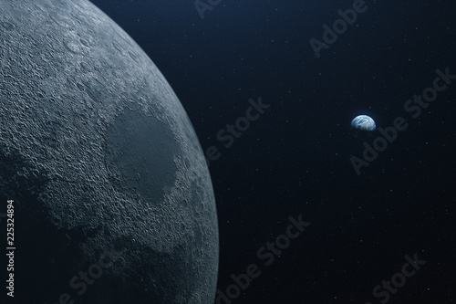 A beautiful flight in space to the Earth from the moon 3d illustration