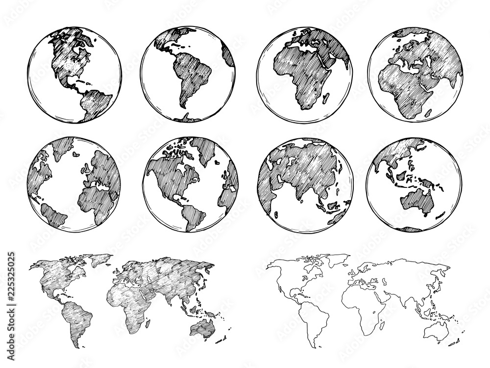 Szkic globu. Ręcznie rysowane planety ziemi z kontynentów i oceanów. Doodle ilustracji wektorowych mapy świata. Planeta i mapa świata szkic z oceanem i lądem <span>plik: #225325025 | autor: MicroOne</span>
