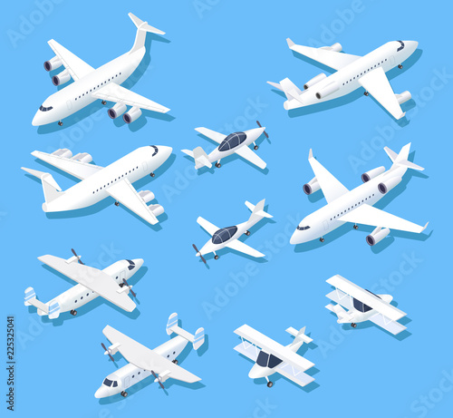 Isometric planes. Private jet airplanes, aircraft and airliner. 3d aerial vector set. Illustration of jet and aircraft, airplane passenger