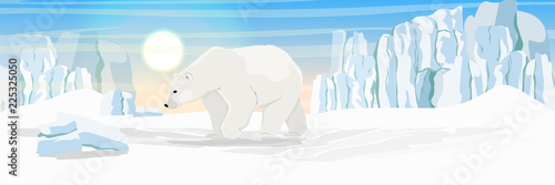 A large white polar bear. The glacier and the snow-covered plain. Landscapes of the Arctic, Canada, Norway and other northern countries