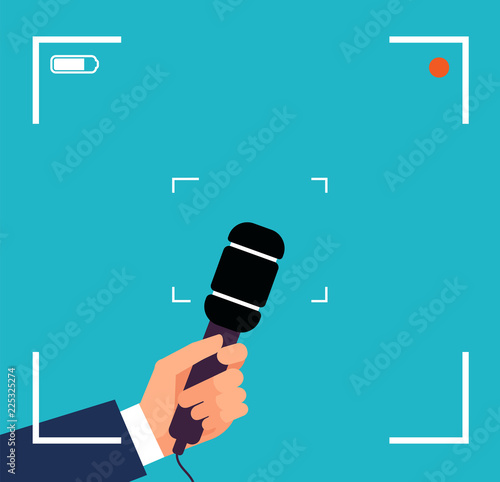 Hand with microphone. Focus tv interview, live news broadcast vector concept with viewfinder and mic. Journalism and news breaking, communication reportage illustration
