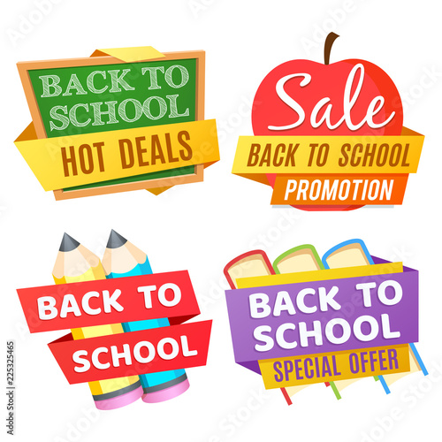 Back to school banners isolated on white background with desk, apple, pencils, books. Vector chalkboard and learning, hot deal and special offer illustration