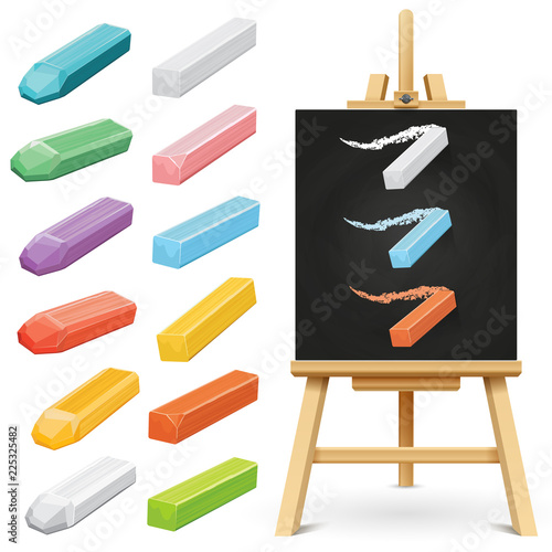 Realistic school chalkboard easel and color chalks isolated on white background. Chalk sketch color, drawing background chalkboard. Vector illustration