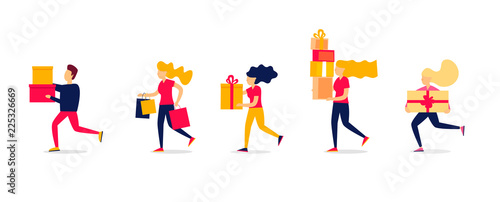 Sales people are running for shopping. Vector illustration 