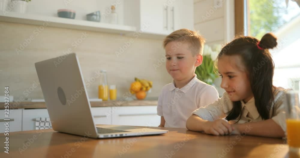 Portrait of two smiling school kids using laptop computer in kitchen. Home, school, education concept. Boy and girl operating laptop Portrait of two smiling school kids using laptop computer in kitchen. Home, school, education concept. Boy and girl operating laptop