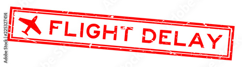 Grunge red flight delay word with airplane icon square rubber seal stamp on white background
