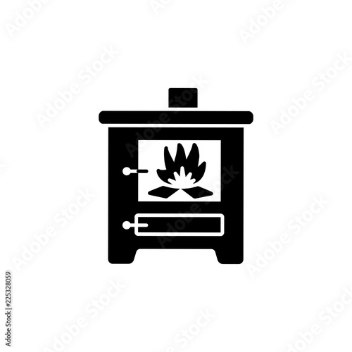 Black & white vector illustration of wood stove. Flat icon of modern furnace. Heating appliance for home. Isolated on white background