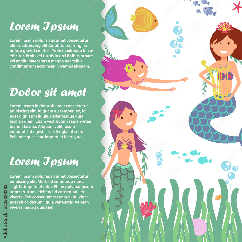 Fototapeta premium Kids banner poster template with fish, fairy mermaids, sealife. Vector illustration