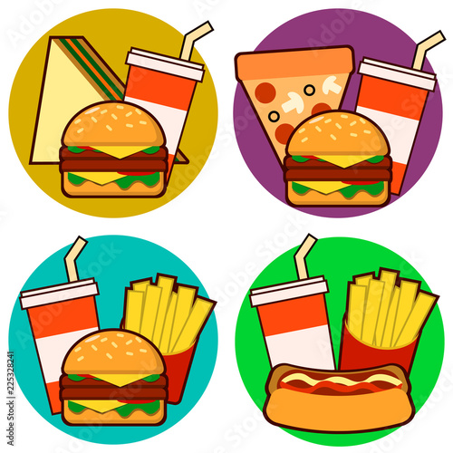 icons of fast food combos, Set contains hot dog, hamburger and sandwich with fries and soda. Vector illustration