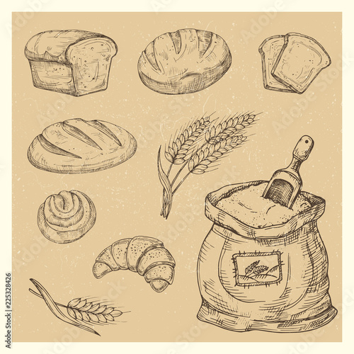 Hand drawn bread, rolls, drawing croissant, meal vector set illustration