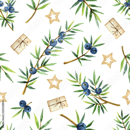 Watercolor seamless pattern of plants juniper and gifts isolated on white background.