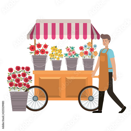 man seller of flowers in kiosk store avatar character