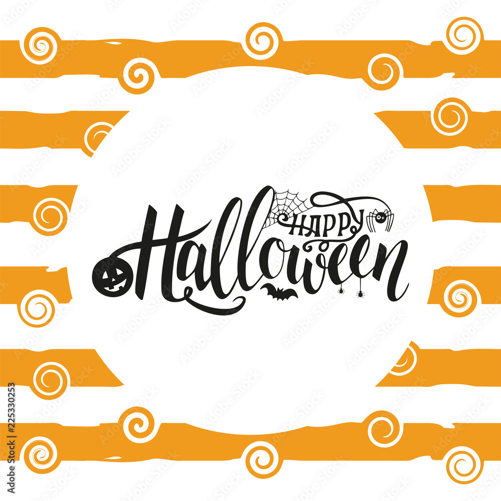Vector Illustration of halloween on yellow background. Happy Halloween Text Banner. Poster for Halloween on yellow background. Autumn poster with pumpkin, web, bat, spider.