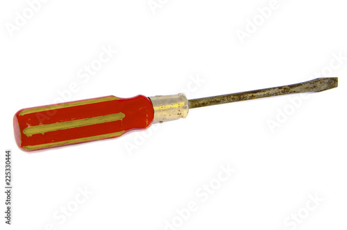 Old isolated red screwdriver on white background.