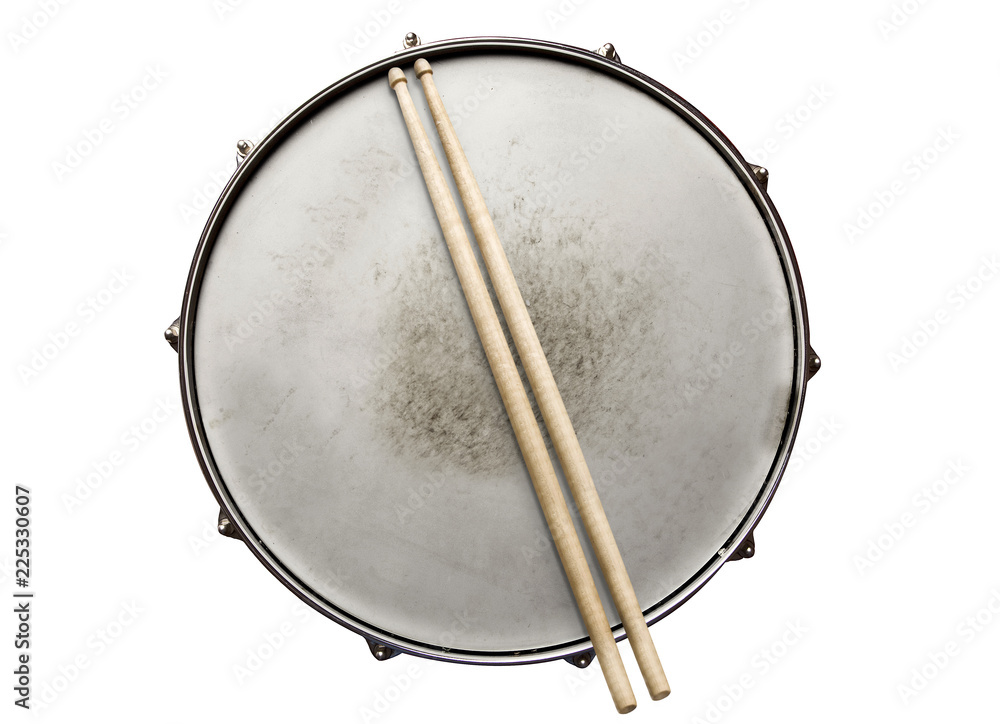 Old snare drum with drumsticks top view isolated on white Stock Photo |  Adobe Stock