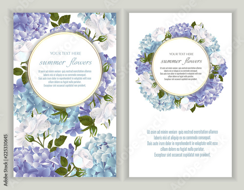 Vector banners set with roses and hydrangea flowers.Template for greeting cards, wedding decorations, invitation ,sales. Spring or summer design. Place for text.