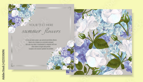 Vector banners set with roses and hydrangea flowers.Template for greeting cards, wedding decorations, invitation ,sales. Spring or summer design. Place for text.