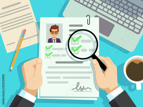 Job interview concept. Businessman cv resume, work evaluation vector background. Cv candidate, job resume, personnel resume illustration