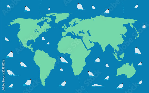 Stop world ocean pollution. Earth map with plastic bottles floating in polluted water. Vector concept map world ocean with pollution plastic illustration