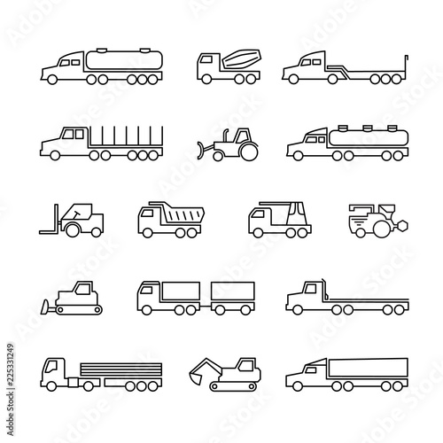 Construction machines. Trucks, tractors and heavy equipment line icons. Vector transport tractor, transportation machine bulldozer and loader illustration