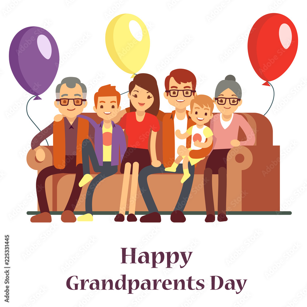 Happy family with grand mother and grandfather. Grandparents Day poster  with cartoon character people. Vector grandma and grandpa with  grandchildren illustration Stock Vector | Adobe Stock