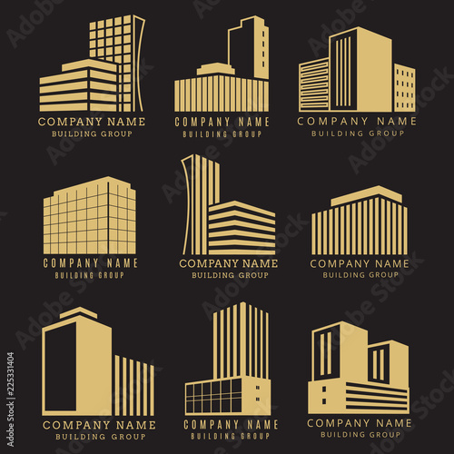 Construction logo, real estate emblems vector collection with golden buildings. Construction business building logo of collection illustration