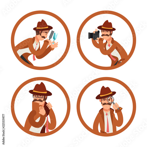 Cartoon detective avatars vector set. Illutration of police investigator, private inspector