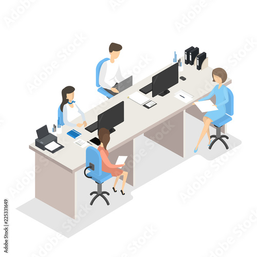 People in the bank sitting at the desk