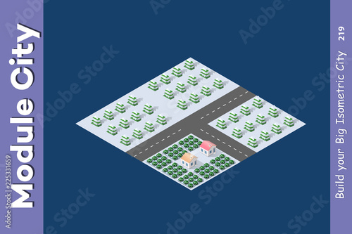 Isometric Winter Christmas town with snow and trees