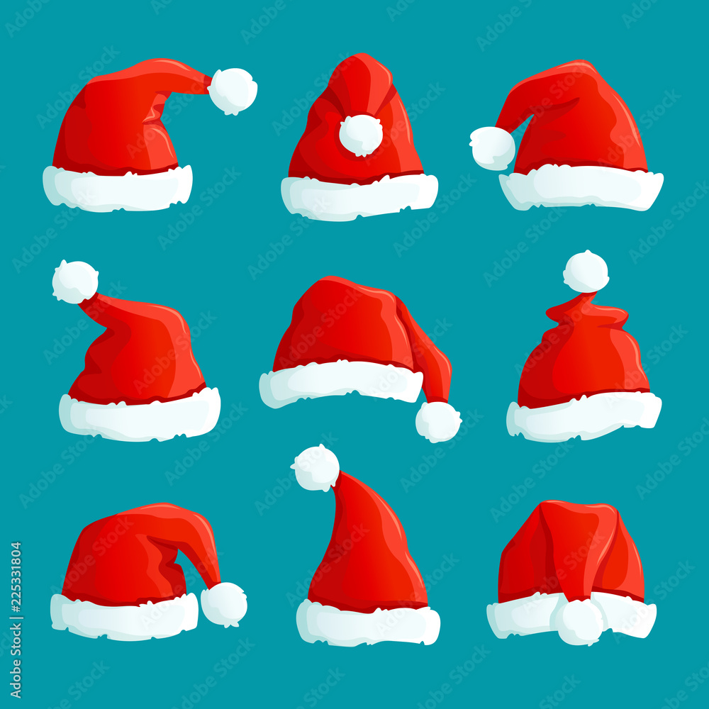 Santa red hats. Christmas funny caps. Santa clothes warm hat. Isolated vector set. Hat fluffy of collection santa claus accessory illustration Santa red hats. Christmas funny caps. Santa clothes warm hat. Isolated vector set. Hat fluffy of collection santa claus accessory illustration