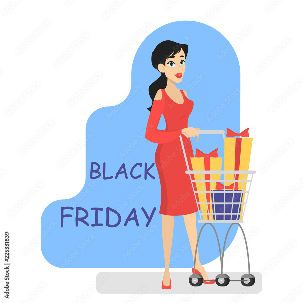Pretty smiling woman character with shopping cart Pretty smiling woman character with shopping cart