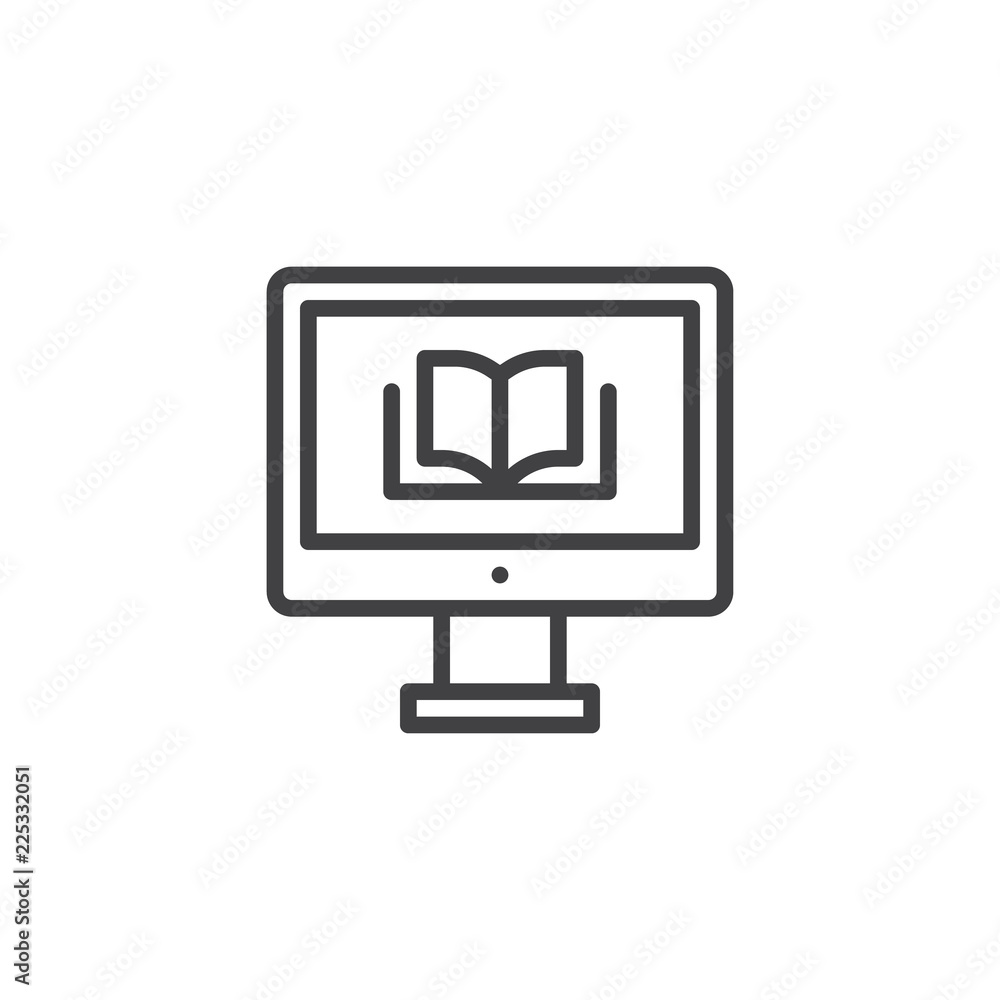 Computer with a book outline icon. linear style sign for mobile concept and web design. Online reading ebook line vector icon. Online education symbol, logo illustration. Vector graphics