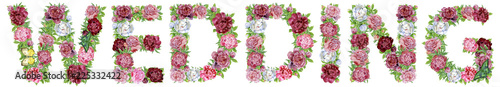 Word wedding of watercolor flowers for decoration