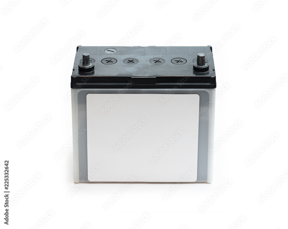 Car battery or automotive battery, with white blank label, isolated on white. Rechargeable battery. Car battery or automotive battery, with white blank label, isolated on white. Rechargeable battery.