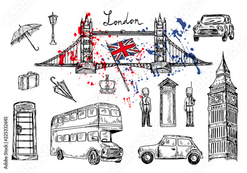 Vector illustration. London landmarks. London city elements collection. Hand drawn set with bridge, Big Ben, red bus, cars, royal guards, cab, streetlight, suitcase and umbrella. UK flag.