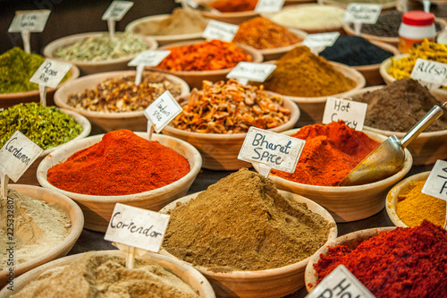 Various eastern spices, herbs and seasonings for different dishes in the shop