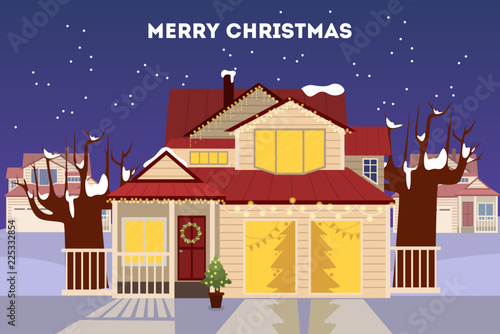 Winter landscape with house decorated for christmas