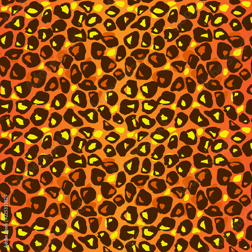 Vector illustration leopard print seamless pattern. Orange hand drawn background.
