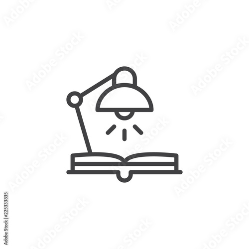 Desk lamp and open book outline icon. linear style sign for mobile concept and web design. Book and reading lamp simple line vector icon. Symbol, logo illustration. Pixel perfect vector graphics