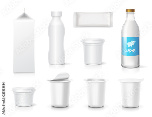 Various packages for dairy products set, Glass bottle, carton milk box, yogurt container collection