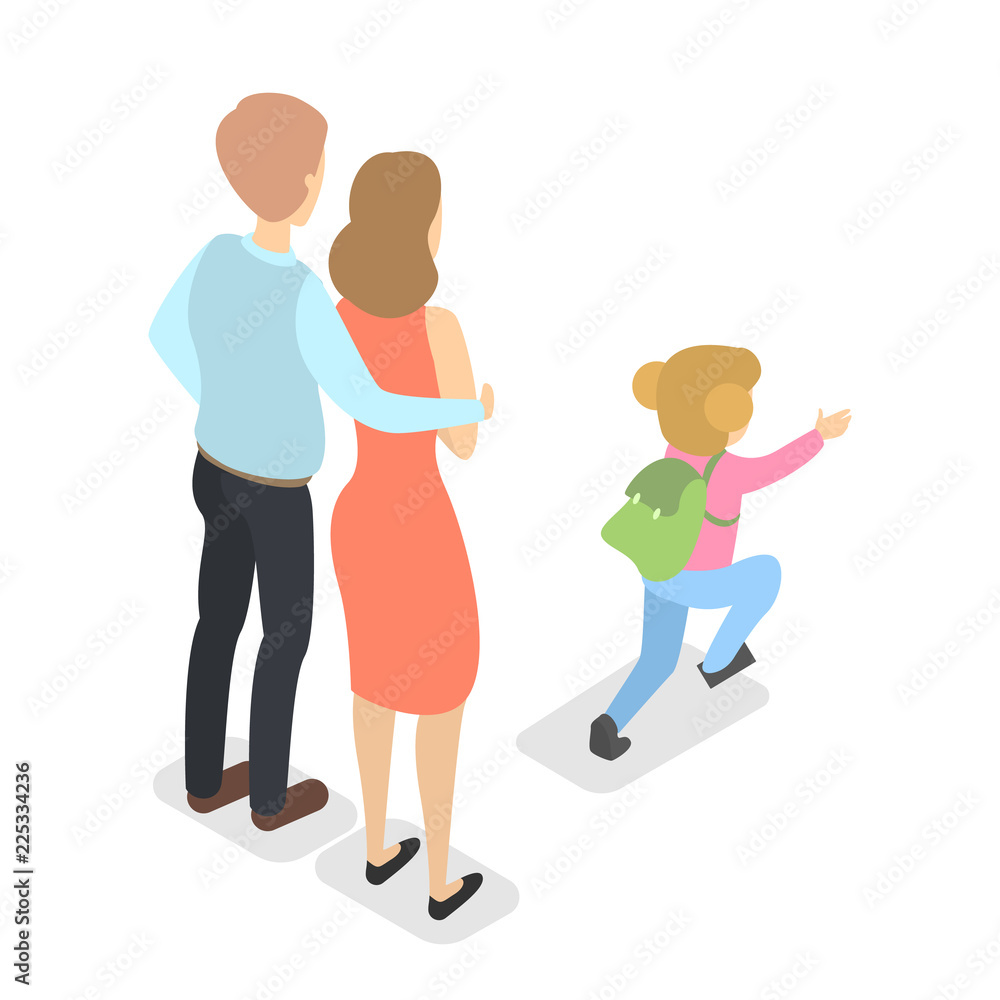 Father and mother looking at running daughter Father and mother looking at running daughter
