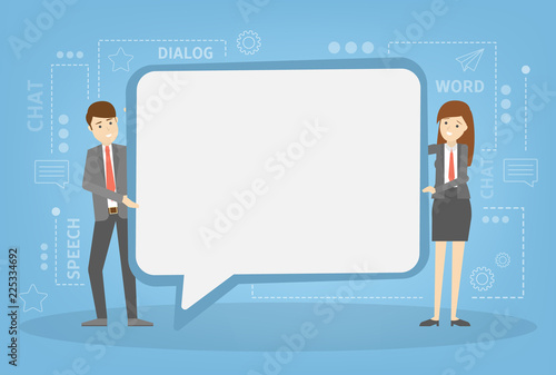 Businessman and business woman holding speech bubble