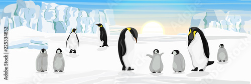 A flock of realistic imperial penguins. Penguins are parents and their chick. Group of youngsters. The glacier and the snow covered plain. Landscapes of the Antarctic.