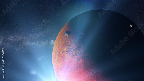 Fototapeta Naklejka Na Ścianę i Meble -  red planet Mars with moons Phobos and Deimos and the Sun, members of the solar system