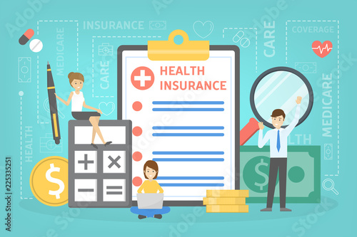 Health insurance concept. People standing at clipboard