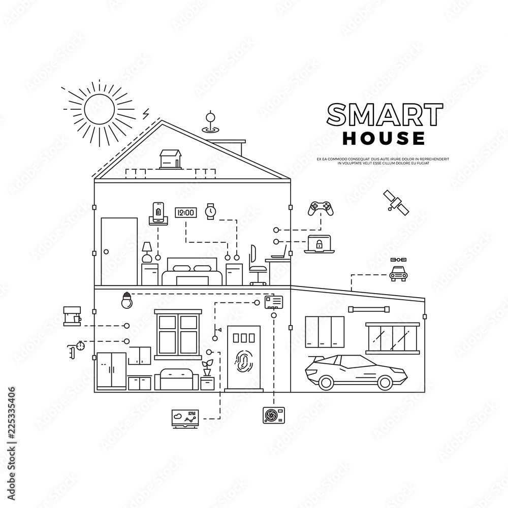 Black outline smart house technology system project vector concept isolated on white background illustration