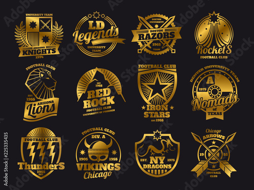 Gold school emblems, college athletic teams sports labels of collection isolated on black background. Vector illustration